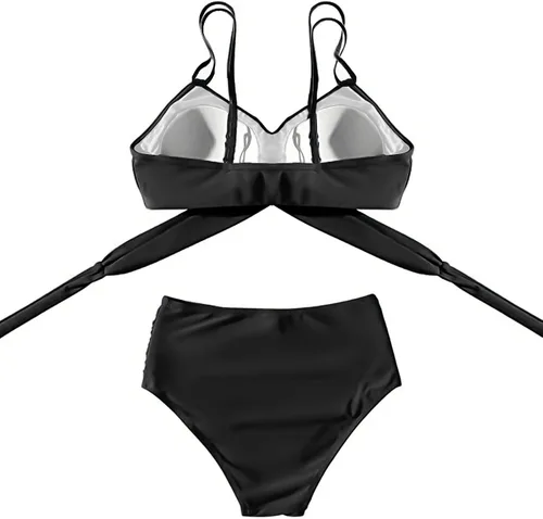 Vista 6 de OWICA Conjunto de bikini de cintura alta con efecto push up, traje de baño de 3 piezas ajustable con control de abdomen para mujer, parte delantera