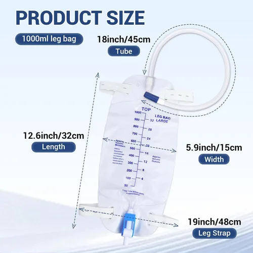 Vista 2 de Paquete de 5 bolsas de 33.8 fl oz para piernas de drenaje urinario con correas ajustables para el hombro y tubo flexible de 17.7 pulgadas con diseño