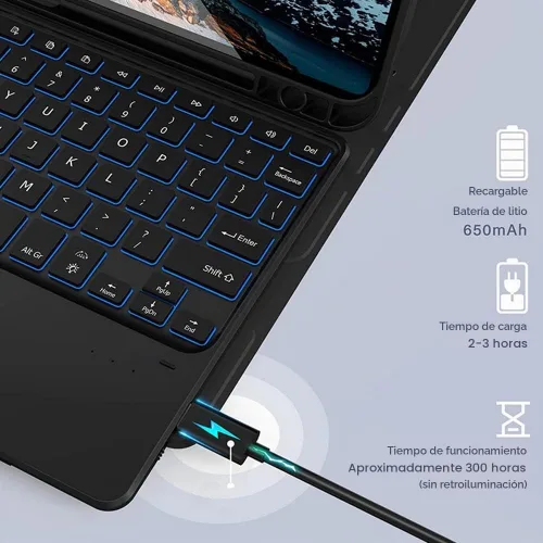 Vista 5 de Funda con teclado táctil retroiluminado para Galaxy Tab A 10.5 (SM-T590 / T595 / T597), teclado Bluetooth desmontable magnéticamente con cubierta