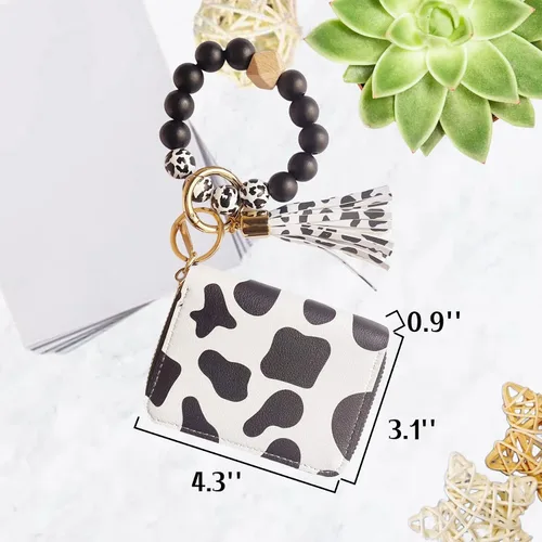 Vista 2 de Llavero de pulsera con bonito estampado de vaca, tarjetero con bolsillo, monedero, llavero para mujer, Whiteblack Ch