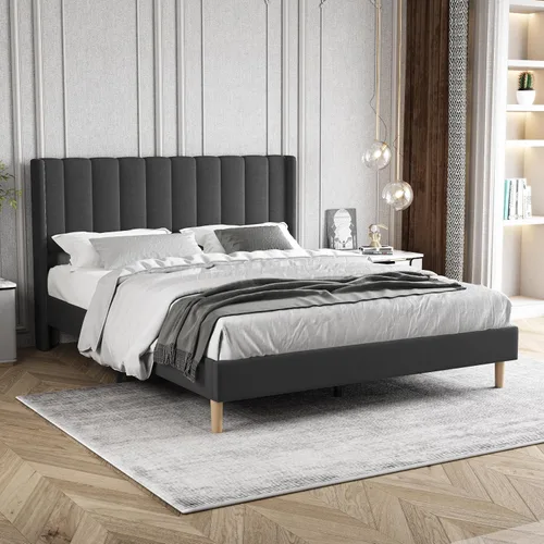 Vista 13 de Base de cama tapizada de tamaño individual con cabecero, listones de madera fuertes, no necesita somier, fácil montaje, terciopelo beige