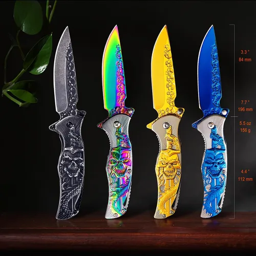 Vista 5 de Navaja de bolsillo de cráneo, cuchillo plegable de bolsillo fresco, cuchillo EDC de calavera en relieve 3D para hombres, festival, regalo de Negro