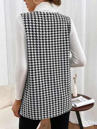 Vista 2 de WDIRARA Chaleco elegante sin mangas con pata de gallo abierto para mujer, abrigo largo