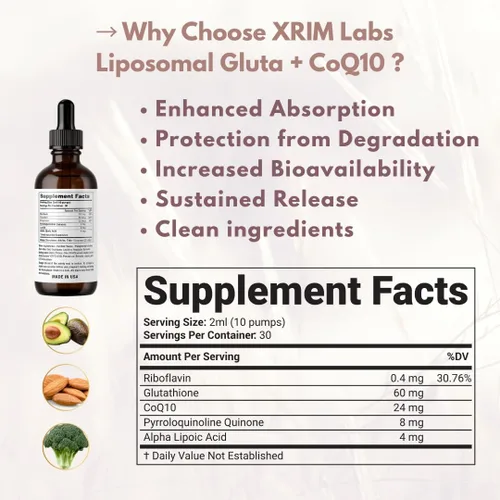 Vista 8 de xrim Gluta+CoQ10 - Glutatión liposomal con CoQ10, ácido alfa lipoico, PQQ y riboflavina Apoyo de energía antioxidante y celular - 30 porciones