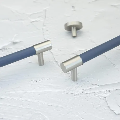 Vista 5 de Tirador de cuero azul de 3.78 pulgadas para armario, pomos de acero cepillado, accesorios modernos para muebles