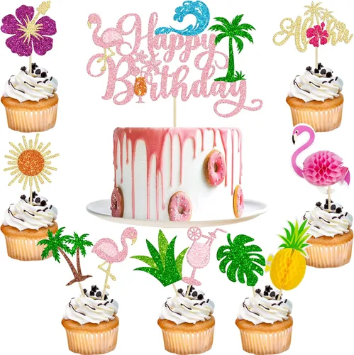 Vista 14 de 36 piezas de adornos para cupcakes de piña verde con purpurina verde para Luau despedida de soltera, fiesta de verano tropical, decoración