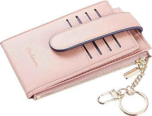 Vista 5 de Chelmon Billetera delgada para mujer, con bloqueo RFID, plegable, con bolsillo con cremallera, Rosa con llavero, Minimalista