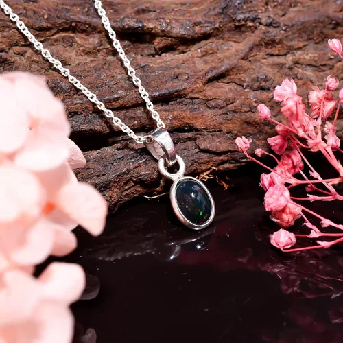 Vista 3 de Collar con colgante de cristales de ópalo etíope negro natural, cristales curativos, joyería de plata de ley 925, 18 pulgadas A+