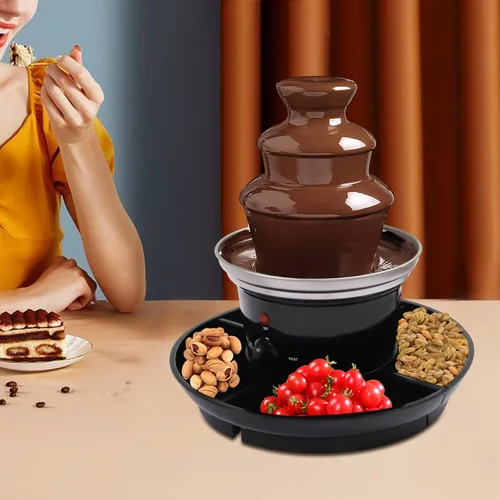 Vista 2 de Fuente de chocolate de 3 niveles para fiestas, mini máquina de fondue de capacidad de 1 libra con 6 tenedores y bandeja, fuente de fiesta