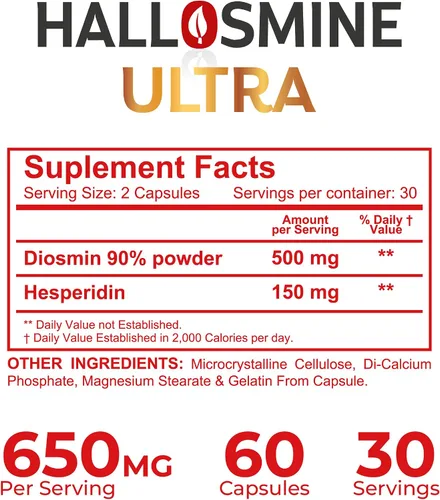 Vista 6 de Hallusa Natural Hallosmine Ultra Diosmin 500mg y Hesperidina 150mg – Piernas pesadas, hinchazón y vena – Suplementos para la circulación sanguínea