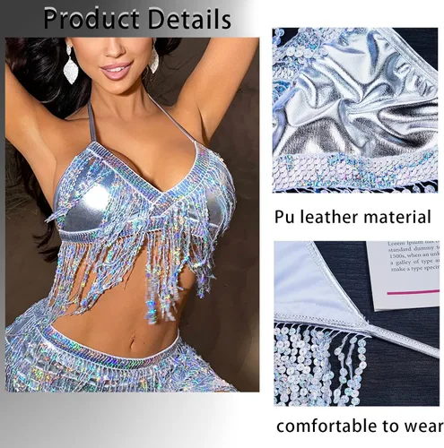 Vista 2 de Conjunto de falda para danza del vientre, lentejuelas brillantes, flecos, borlas y faldas cortas, para festivales y raves para mujer