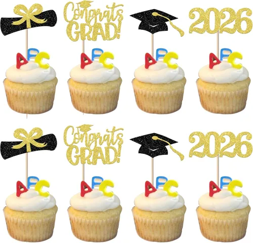 Vista 22 de Paquete de 24 adornos de graduación 3D 2024 para cupcakes 2024 con borlas doradas para fiestas temáticas de graduación 2024, suministros