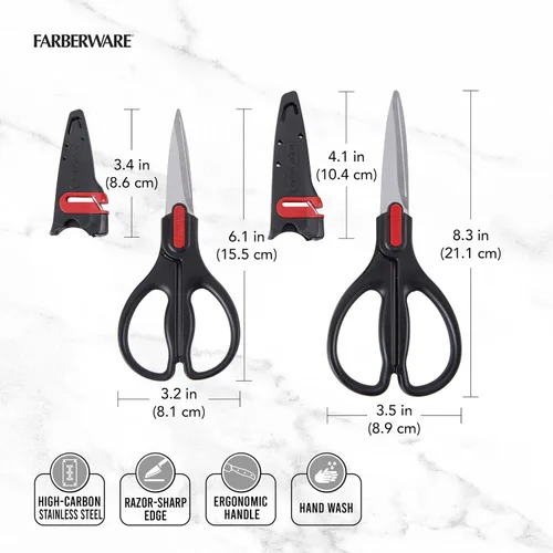Vista 2 de Farberware Tijeras multiusos y utilitarias con fundas de afilado Edgekeeper, tijeras multiuso fuertes y duraderas, 2 piezas, negro/rojo