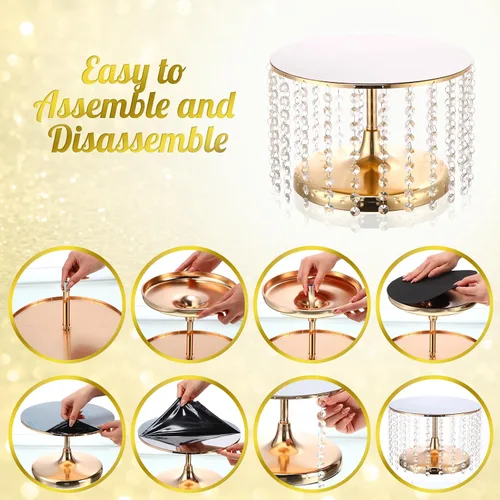Vista 4 de Juego de 6 soportes de metal para tartas con colgante de cristal, plato redondo para exhibición de postres, pedestal para bodas, fiestas