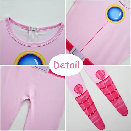 Vista 5 de Rogkidha Disfraz de melocotón para niñas, overol de cosplay de princesa rosa con bufanda