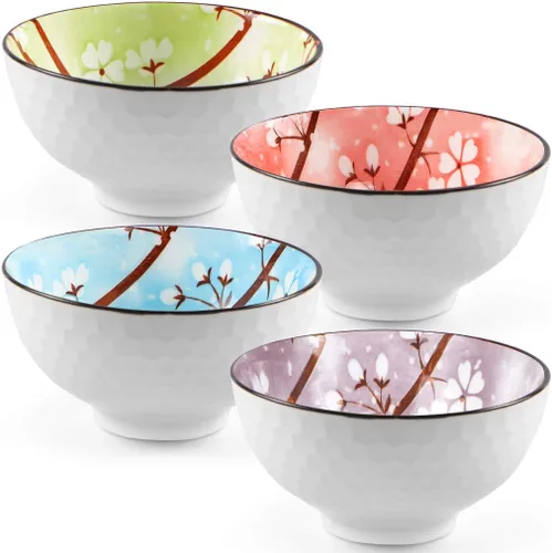 Vista 2 de Sakura Bowl - Tazones de cerámica de 10 onzas, juego de regalo de cuencos de colores surtidos para arroz, cereales, fideos, sopa, postres, paquete