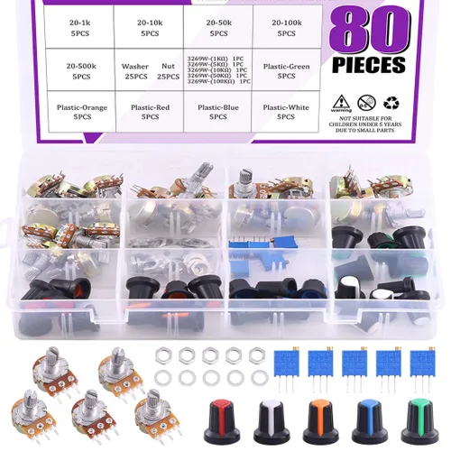 Vista 8 de Swpeet 75pcs B5K 10K 20K 50K 100K Ohm eje moleteado lineal rotatorio potenciómetro cónico con 5 tipos diferentes de perilla (WH148) Kit