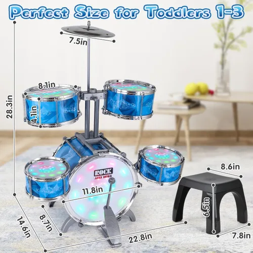 Vista 2 de Juego de batería para niños pequeños con kit de batería de 5 jazz y luces (controlado por vibración) y aleación, instrumentos musicales, juguetes