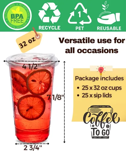 Vista 4 de Copas de plástico transparente de 32 oz con tapas sin paja, 25 juegos de vasos desechables de plástico para café helado, vasos para llevar con tapas