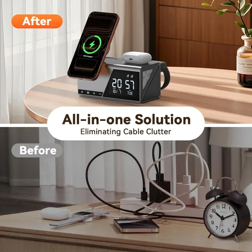 Vista 5 de TobenONE Estación de Carga Inalámbrica de Alarma 6 en 1 para Dispositivos Apple, Luz Nocturna, Mesita de Noche, Cargador Magnético MagSafe