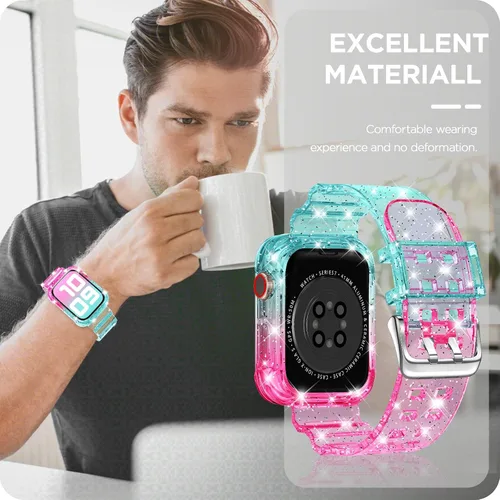 Vista 314 de DABAOZA - Correa transparente compatible con Apple Watch con estuche protector, correa deportiva de TPU con brillo para mujeres y hombres