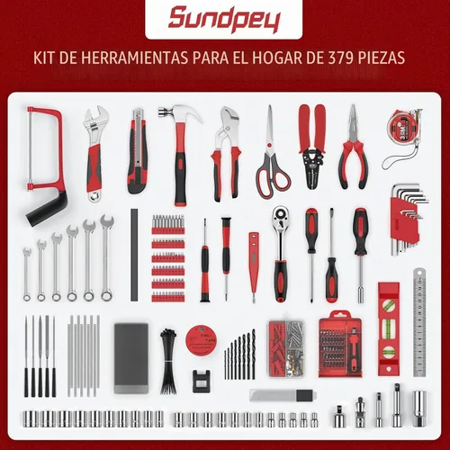 Vista 2 de Sundpey 379 Pcs Portable Complete Home and Auto Tool Kit with Drawer Red with Socket Wrench Set & Screwdrivers & Hex Keys & Pliers Kit,Men Women