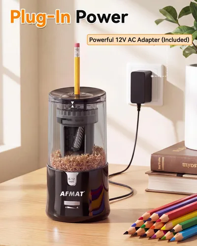 Vista 7 de AFMAT PS92 Sacapuntas eléctrico para aula, sacapuntas enchufable para lápices grandes y jumbo, colores y n.º 2, parada automática, 2 ajustes de Negro