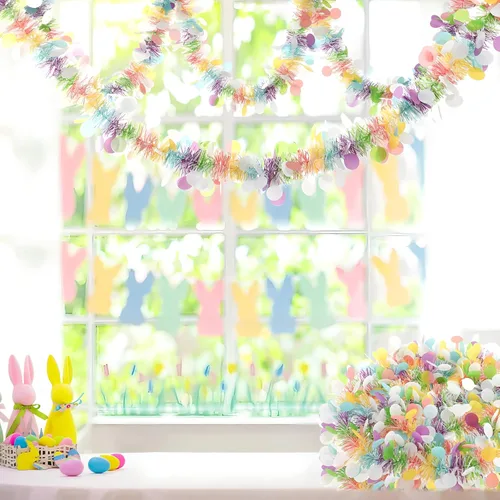 Vista 3 de Guirnalda de Pascua, guirnaldas de oropel de primavera pastel de 50 pies para interiores y exteriores, oficina, árbol, ventana, suministros