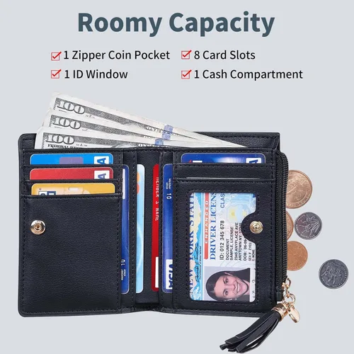 Vista 3 de Gostwo Billeteras pequeñas para mujer, elegante cartera para mujer con ventana de identificación, bolsillo con cremallera para monedas y borla.