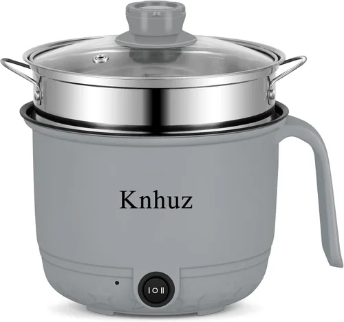 Vista 8 de Olla eléctrica caliente con vaporizador, cocina rápida de ramen, mini olla eléctrica de autocalentamiento portátil de 1.8L para cocinar fideos, Gris