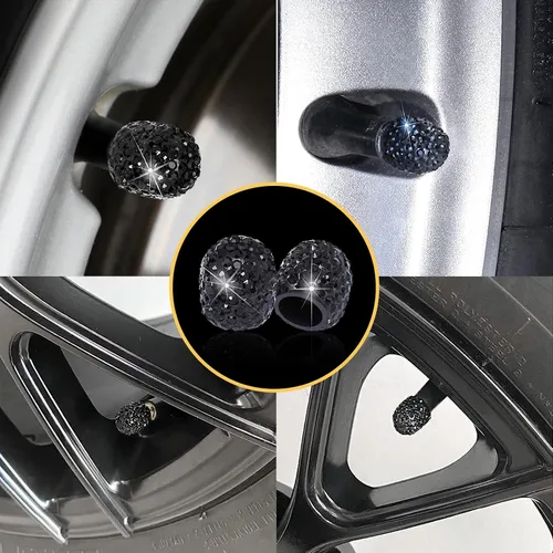 Vista 6 de Kewucn Bling Tapas de Vástago de Válvula de Neumático de Coche, Paquete de 4 Cubiertas Hechas a Mano de Cristal Centelleante con Diamantes de Negro