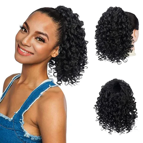 Vista 15 de PEACOCO Extensión de cola de caballo rizada con cordón para mujeres negras - Cola de caballo de 6 pulgadas con clip, postizo sintético de afro corto