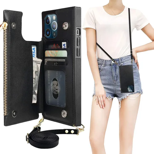 Vista 11 de Bocasal Funda tipo cartera cruzada para iPhone 12 Mini con tarjetero, protector de ranura para tarjetas con cremallera, a prueba de golpes, con Negro
