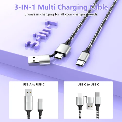 Vista 3 de Cable de carga largo USB-C 3 en 1 para iPhone 15/16, 3M/10 pies, 60 W, USB-C+USB-A a tipo C, cable de carga de datos trenzado de nailon para Apple