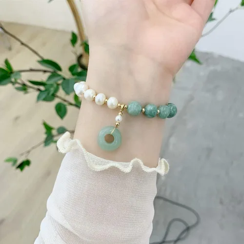 Vista 4 de Pulsera de perlas de jade birmano, pulsera elástica con cuentas de piedras preciosas, pulsera elástica, pulsera para mujer, Piedra