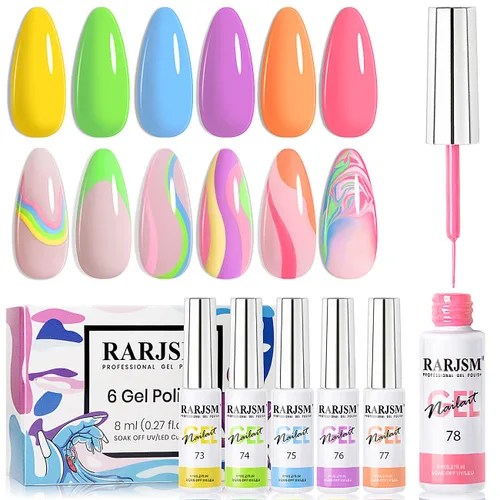 Vista 11 de RARJSM Juego de esmaltes de uñas de gel de pintura metálica, negro, plateado, dorado, verde, rosa, negro, brillantina, efecto platino, 6 piezas, Set