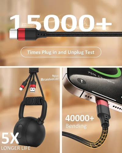 Vista 7 de Cable corto USB a USB C, paquete de 2 cables USB C de 1 pie, cable USBC trenzado de 12 pulgadas de 3A de carga rápida para iPhone 17 16 15 Pro Max