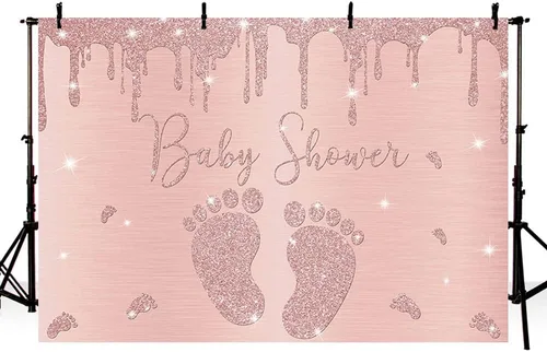 Vista 3 de Telón de fondo para baby shower de niña de oro rosa de 7 x 5 pies, con purpurina y pequeña huella, decoración de fiesta de princesa rosa, pancarta