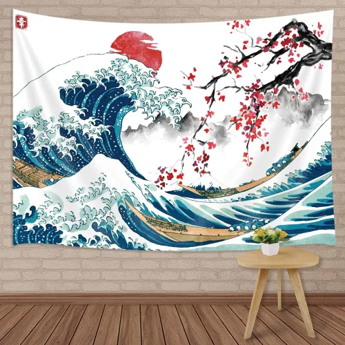Vista 9 de MERCHR Tapiz de pared de flor de cerezo con sol rosa y rojo, olas del océano y escena de montaña, diseño de anime asiático para dormitorio, 60 x 40