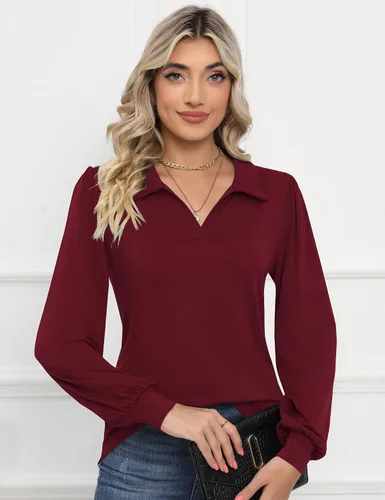 Vista 4 de LOMON Camisas tipo polo de manga larga con cuello en V y manga abombada para mujer