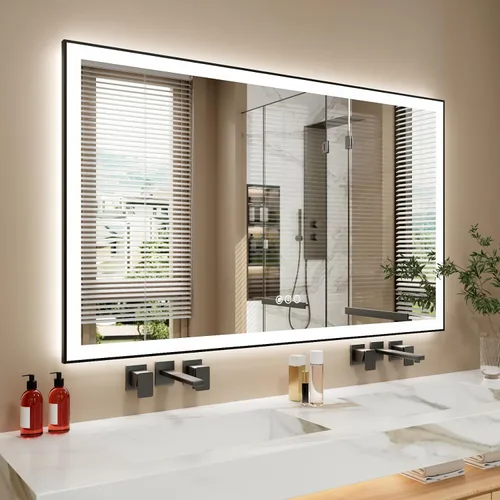 Vista 10 de Espejo de baño LED de 24x28 pulgadas con marco negro, espejos de baño retroiluminados y con luz frontal para pared, antiempañamiento, regulable