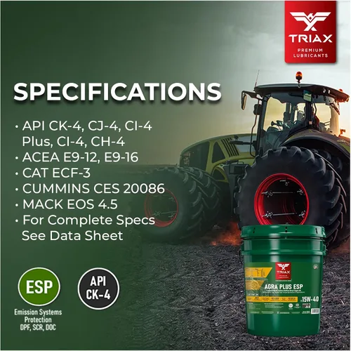 Vista 5 de TRIAX Agra Plus ESP 15W-40 CK-4 Syn-Blend - Aceite de motor diésel para equipos agrícolas y todoterreno, con licencia API Fo