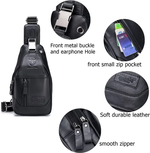 Vista 3 de BULLCAPTAIN Bolso bandolera de cuero genuino con múltiples bolsillos para hombre, bolso cruzado de viaje, mochila de hombro pequeña casual