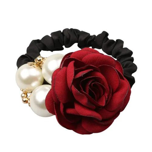 Vista 3 de LOVEF 4pcs Coreano Moda Perla Cuerda De Pelo Rosa Flor Rhinestone Lazos/Joyería Banda De Caucho