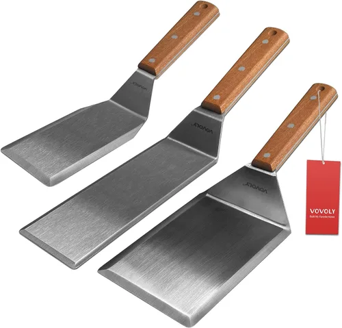 Vista 10 de Juego de espátulas de metal de acero inoxidable para plancha, espátula raspadora para parrilla para BBQ/parrilla superior plana, mango de espiga