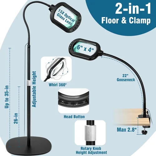 Vista 7 de Lupa grande con luz y soporte, lente de vidrio real óptico rectangular de 10X, lámpara de pie de lupa de cuello de cisne ajustable en altura, 5