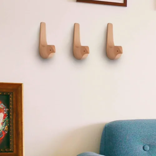 Vista 6 de Ganchos de pared de pájaros de grano de madera, ganchos para colgar en la pared, paquete de 3