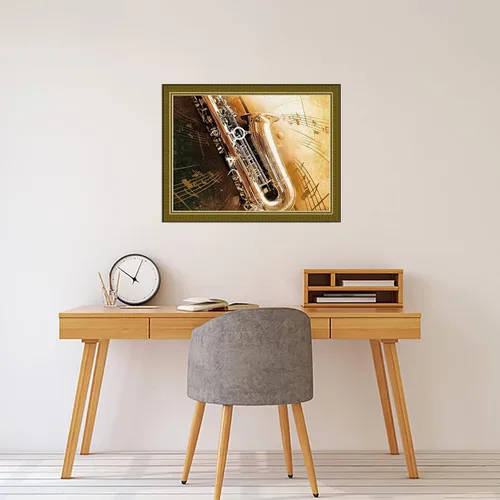 Vista 3 de Saxofón de pintura de diamante 5D con notas musicales en remolino, kits de música por números, pintura de manualidades con arte de diamantes