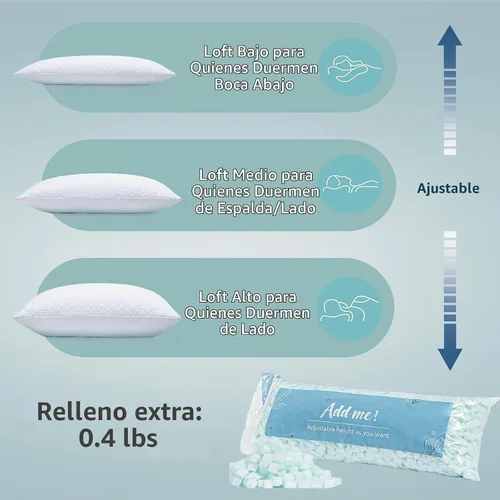Vista 8 de Rainmr Almohada de cama tamaño Queen para dormir, almohadas ajustables de espuma viscoelástica triturada con funda de almohada refrescante lavable