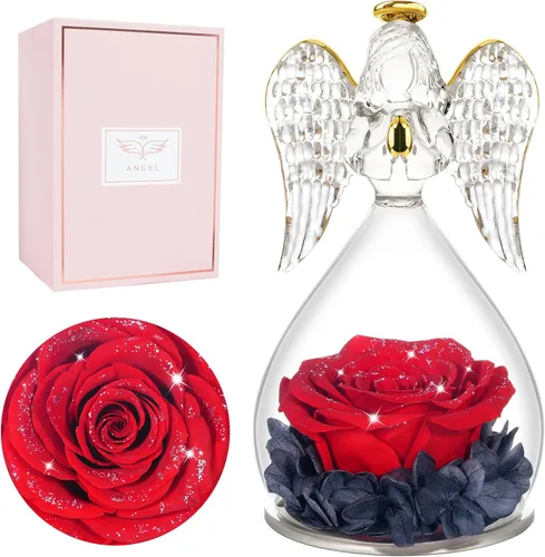 Vista 10 de Miofula Regalos para mamá, regalos de cumpleaños para mujeres, flores preservadas en figuras de ángel de cristal, flores frescas para entrega, Rosa